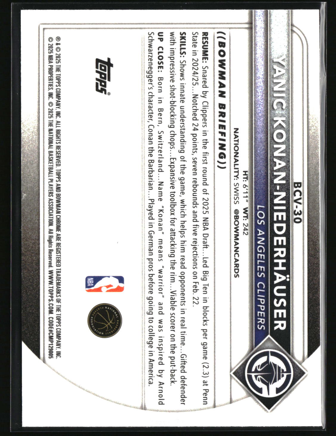 Yanic Konan Niederhauser 2025-26 Bowman Chrome Reptilian Refractor #BCV-30