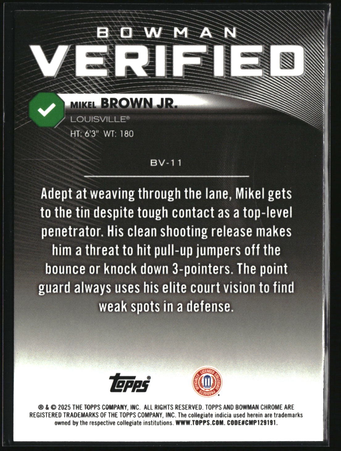 Mikel Brown Jr. 2025-26 Bowman Bowman Verified #BV-11