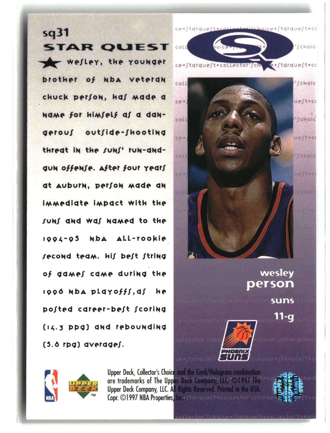Wesley Person 1997-98 Collector's Choice StarQuest #SQ31