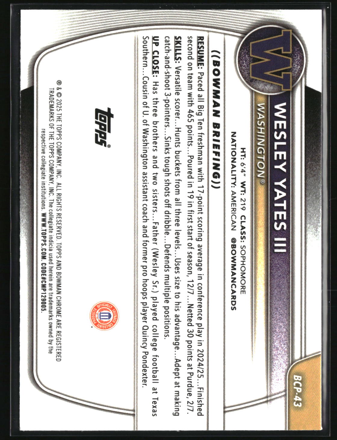 Wesley Yates III 2025-26 Bowman Chrome Prospects Reptilian Refractor #BCP-43