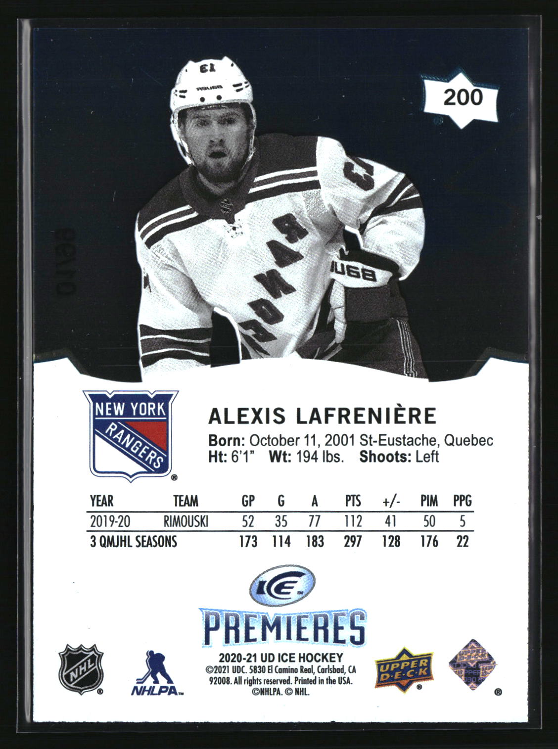 Alexis Lafreniere 2021-22 Upper Deck Ice 2020-21 Upper Deck Ice #200 #/99
