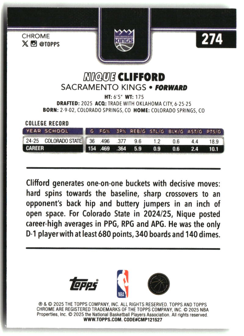 Nique Clifford 2025-26 Topps Chrome #274