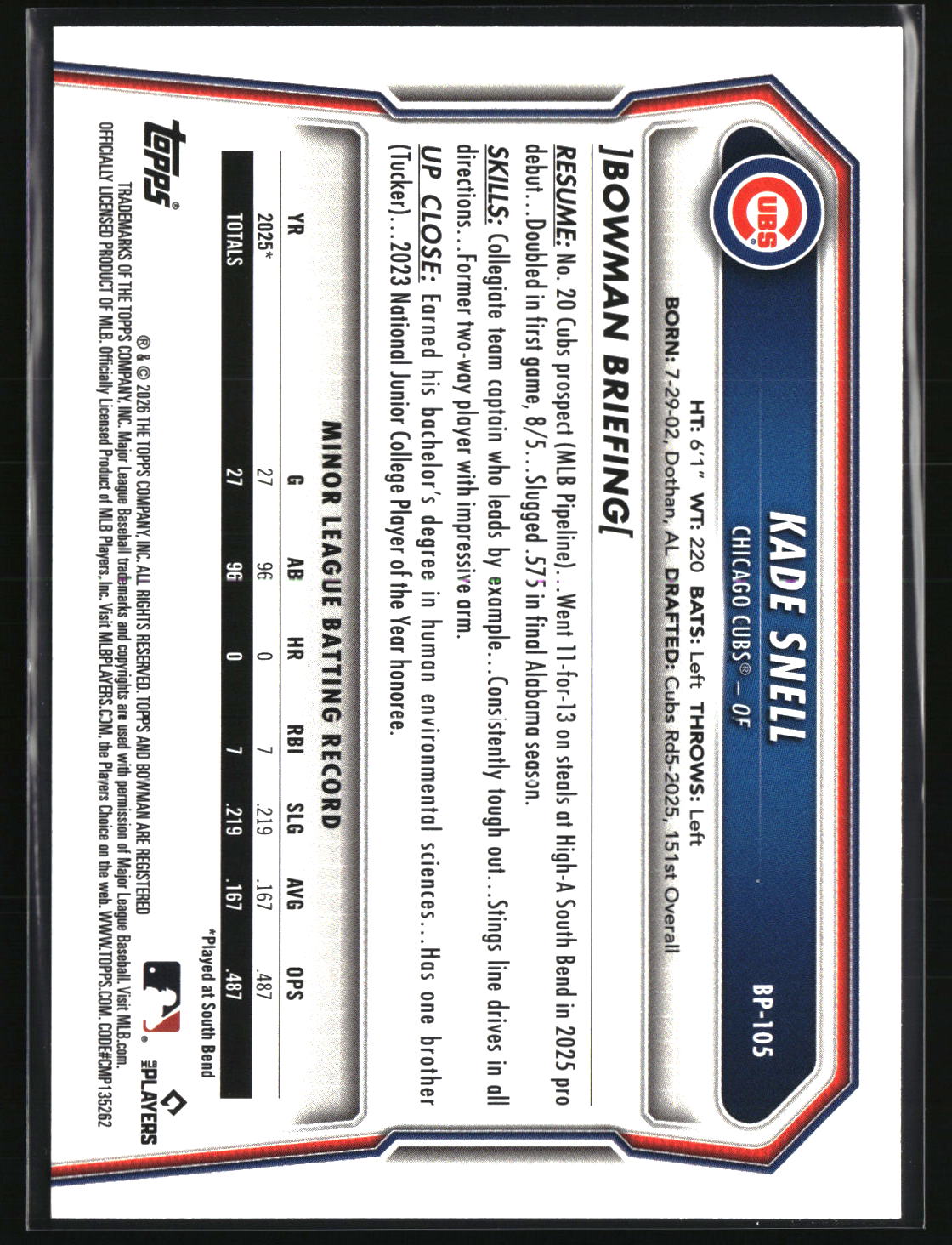 Kade Snell 2026 Bowman Prospects #BP-105