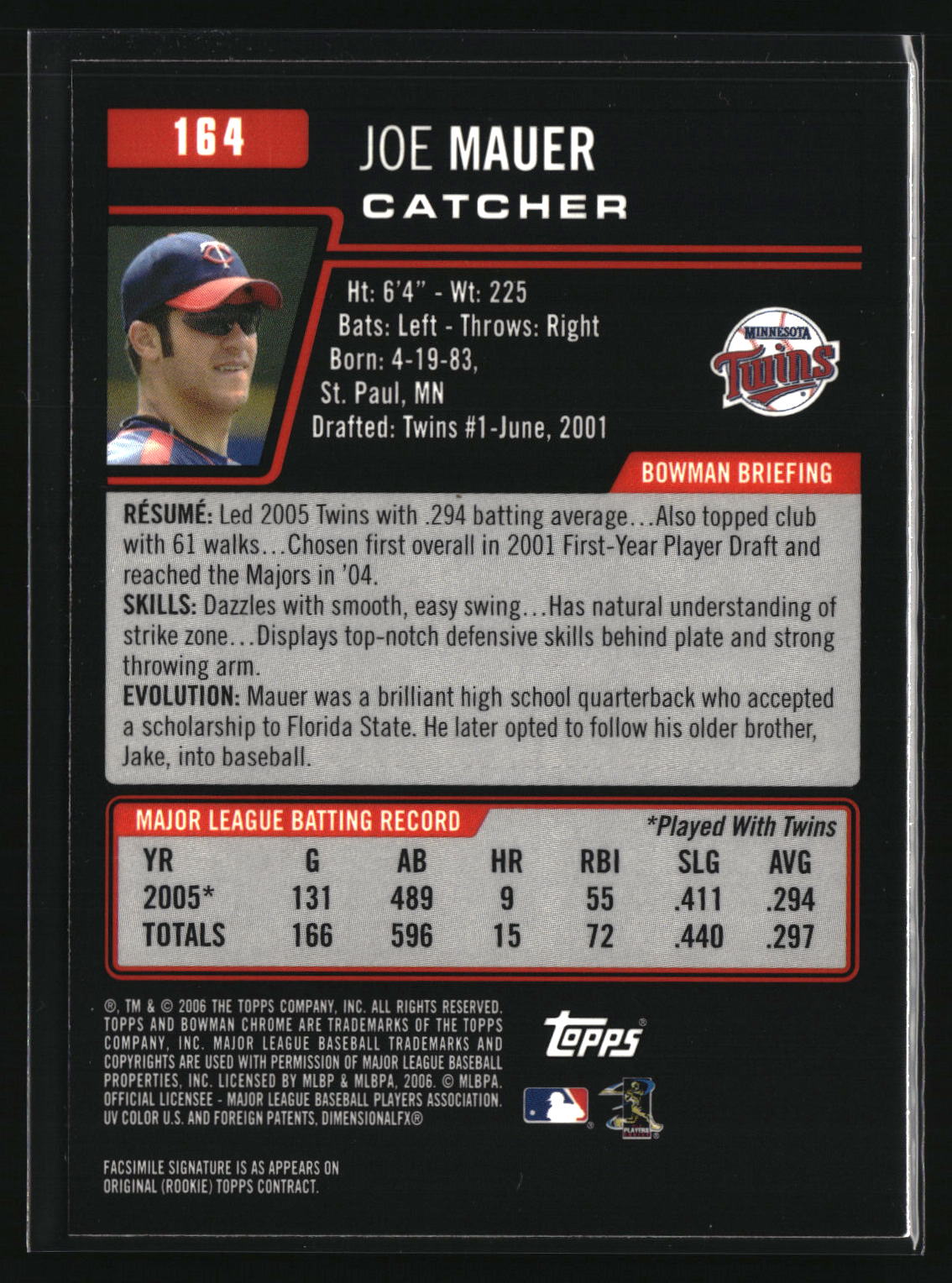 Joe Mauer 2006 Bowman Chrome #164