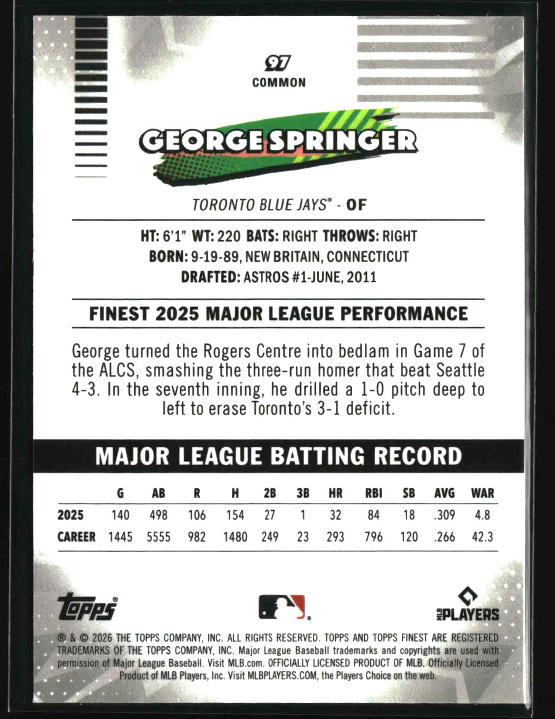 George Springer 2026 Finest #97