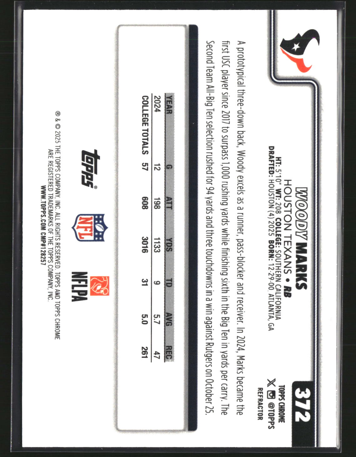 Woody Marks 2025 Topps Chrome Football Refractor #372