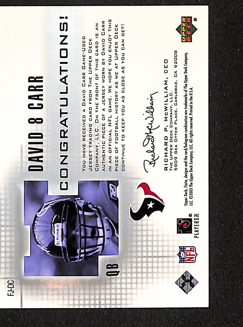 David Carr 2003 Upper Deck Finite Jerseys #FJ-DC