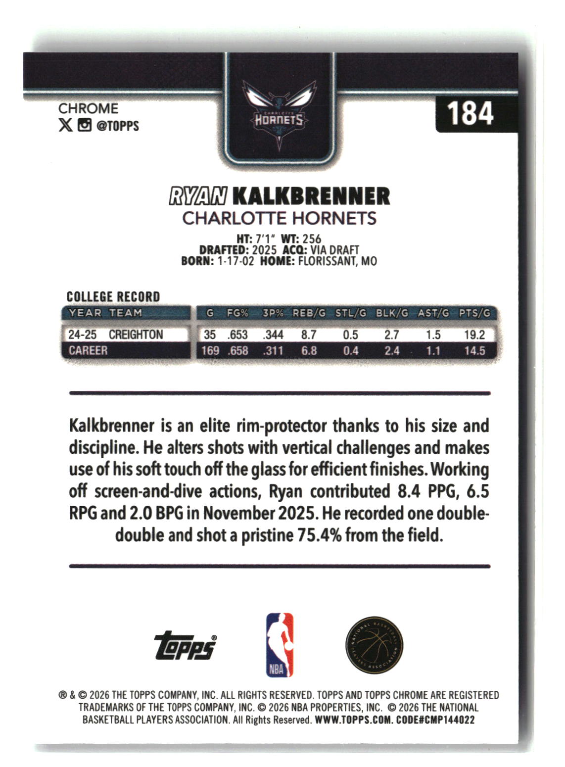 Ryan Kalkbrenner 2025-26 Topps Chrome Update #184