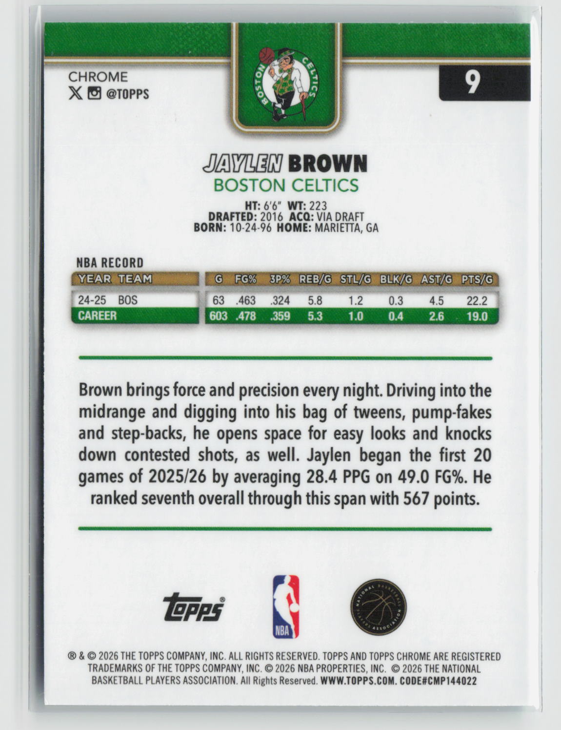 Jaylen Brown 2025-26 Topps Chrome Update Aqua Refractor #9 #/199