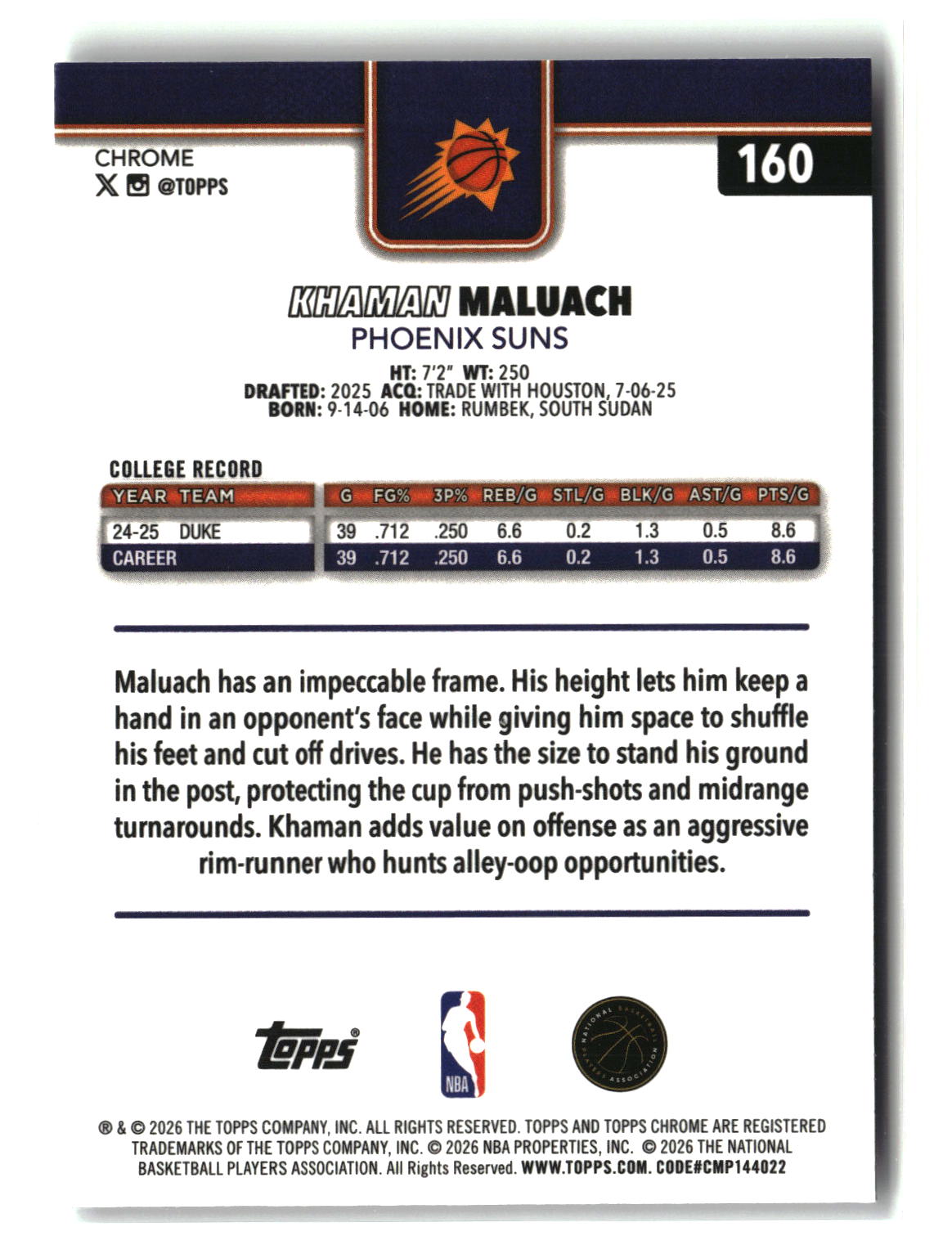 Khaman Maluach 2025-26 Topps Chrome Update #160
