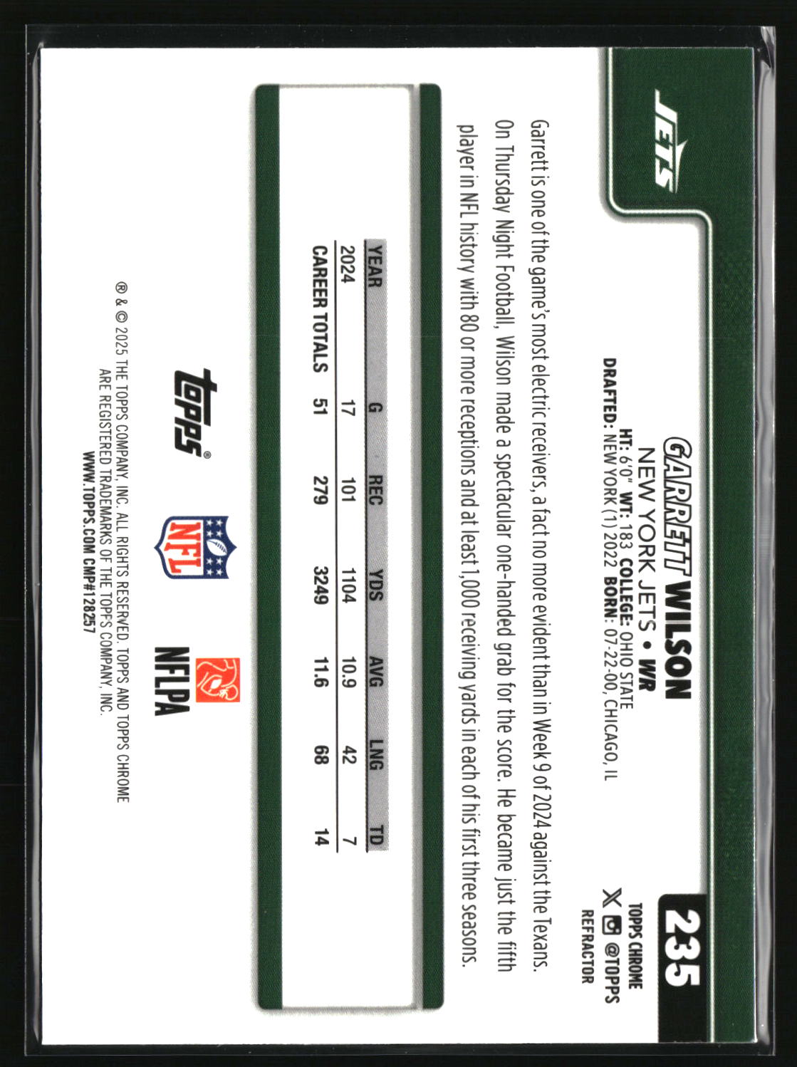 Garrett Wilson 2025 Topps Chrome - Topps Refractor #235