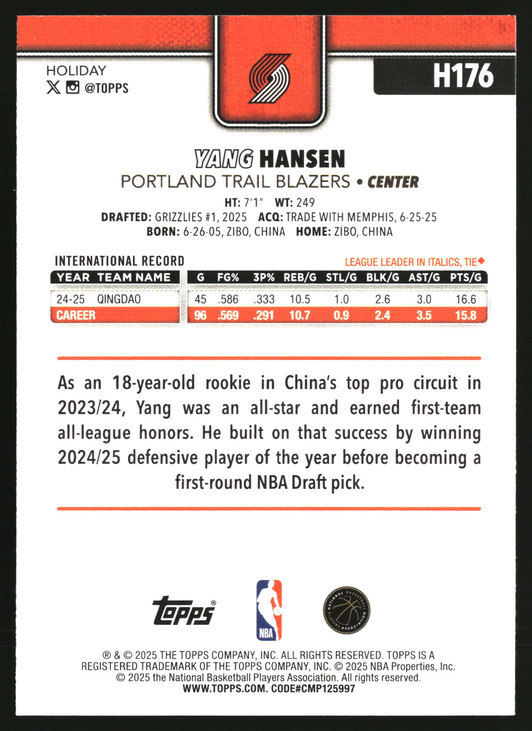 Yang Hansen 2025-26 Topps Holiday #H176