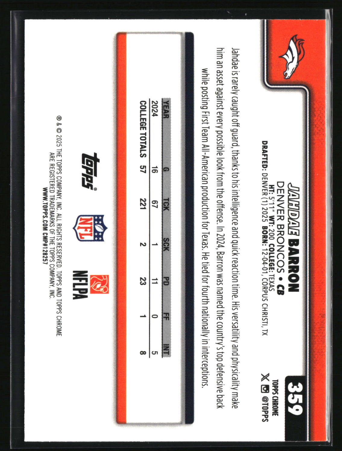 Jahdae Barron 2025 Topps Chrome #359