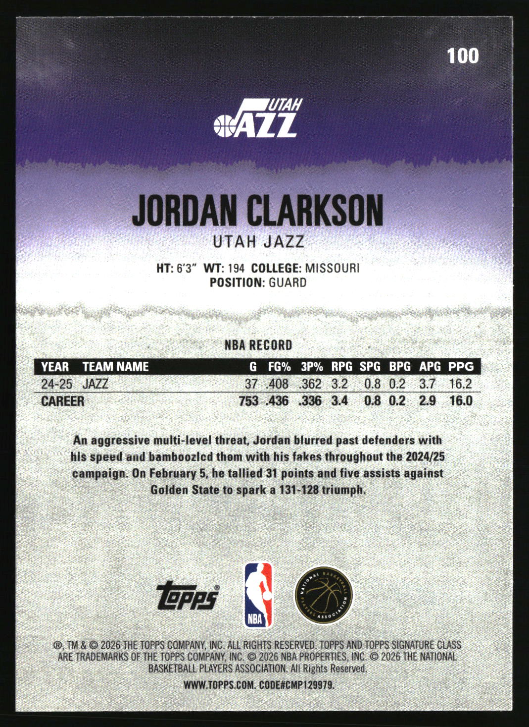 Jordan Clarkson 2025-26 Topps Signature Class #100