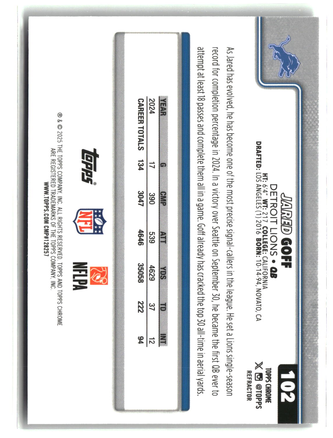 Jared Goff 2025 Topps Chrome Refractor #102