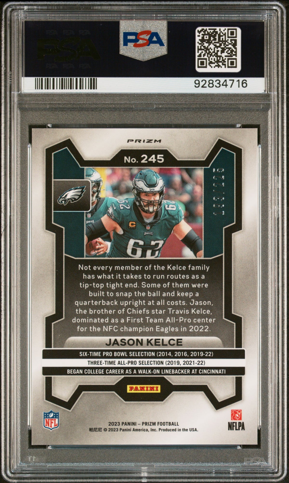 Jason Kelce 2023 Panini Prizm Purple Ice #245 193/225 PSA 10