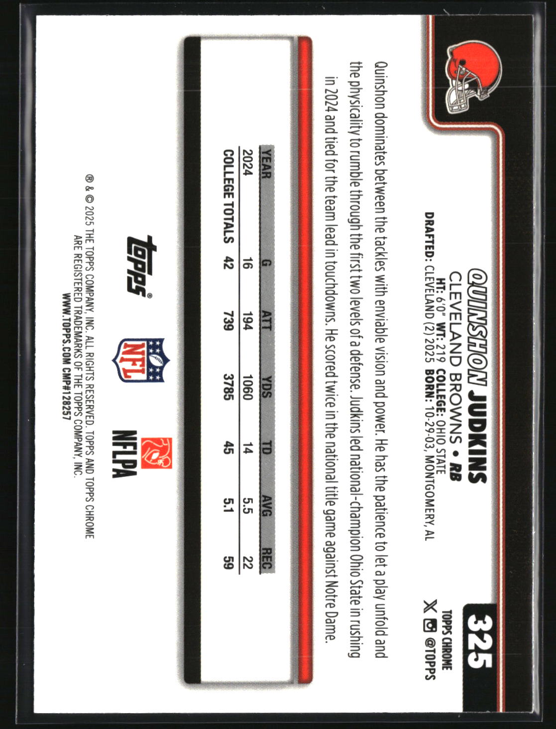 Quinshon Judkins 2025 Topps Chrome Football #325