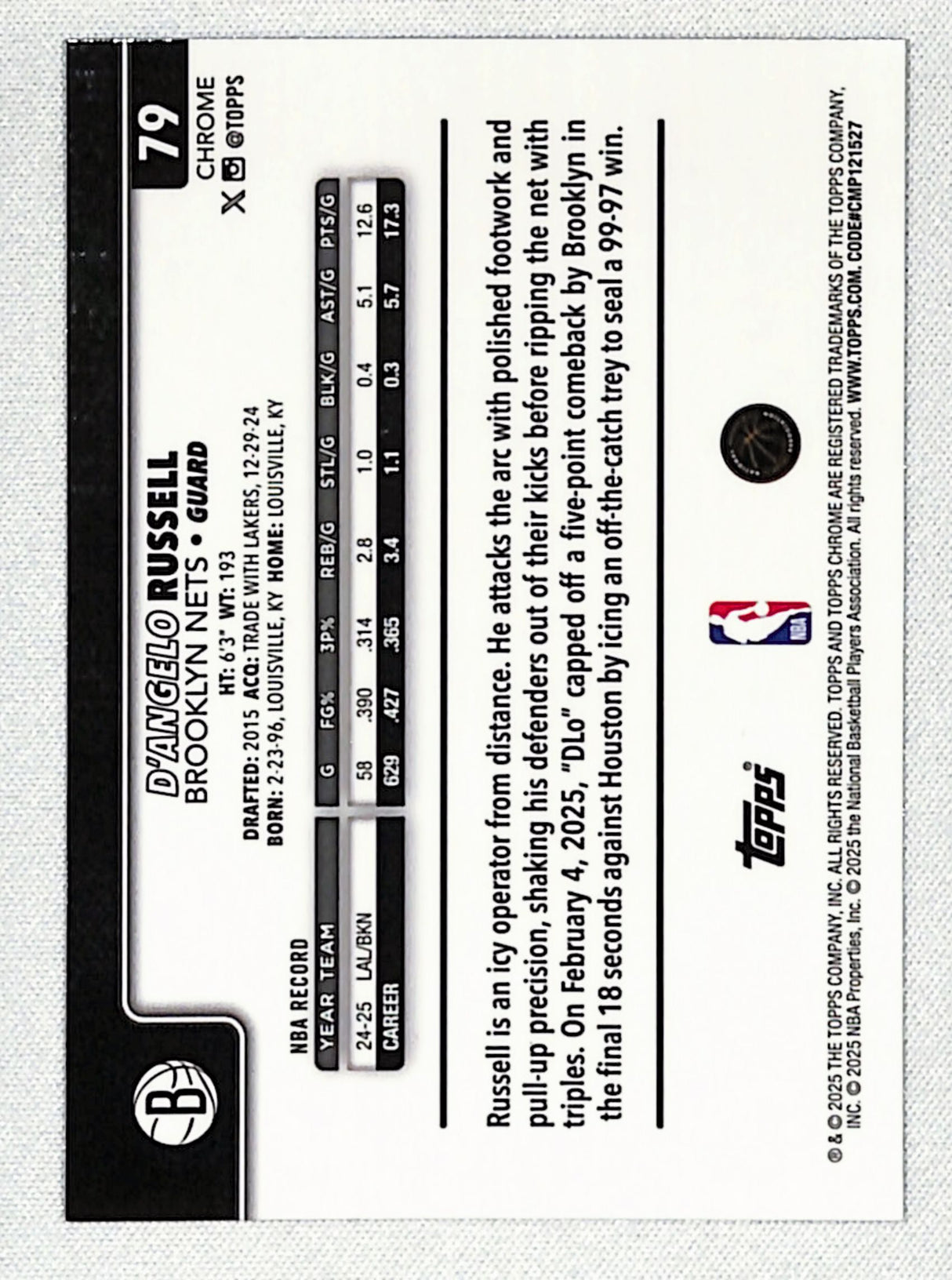 D'Angelo Russell 2025-26 Topps Chrome Blue Wave Refractor #79 #/150
