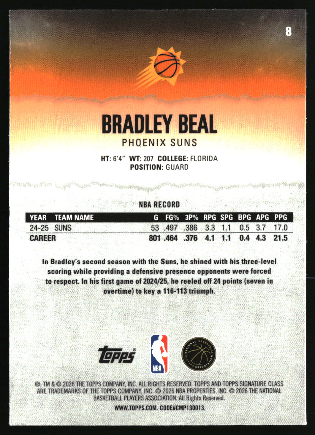 Bradley Beal 2025-26 Topps Signature Class Chrome #8