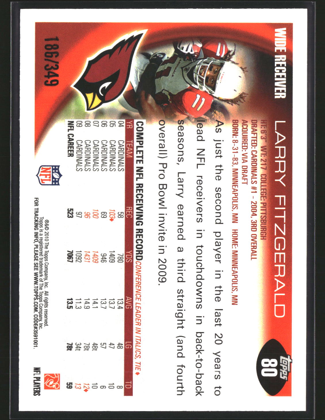 Larry Fitzgerald 2010 Topps Blue #80 #/349