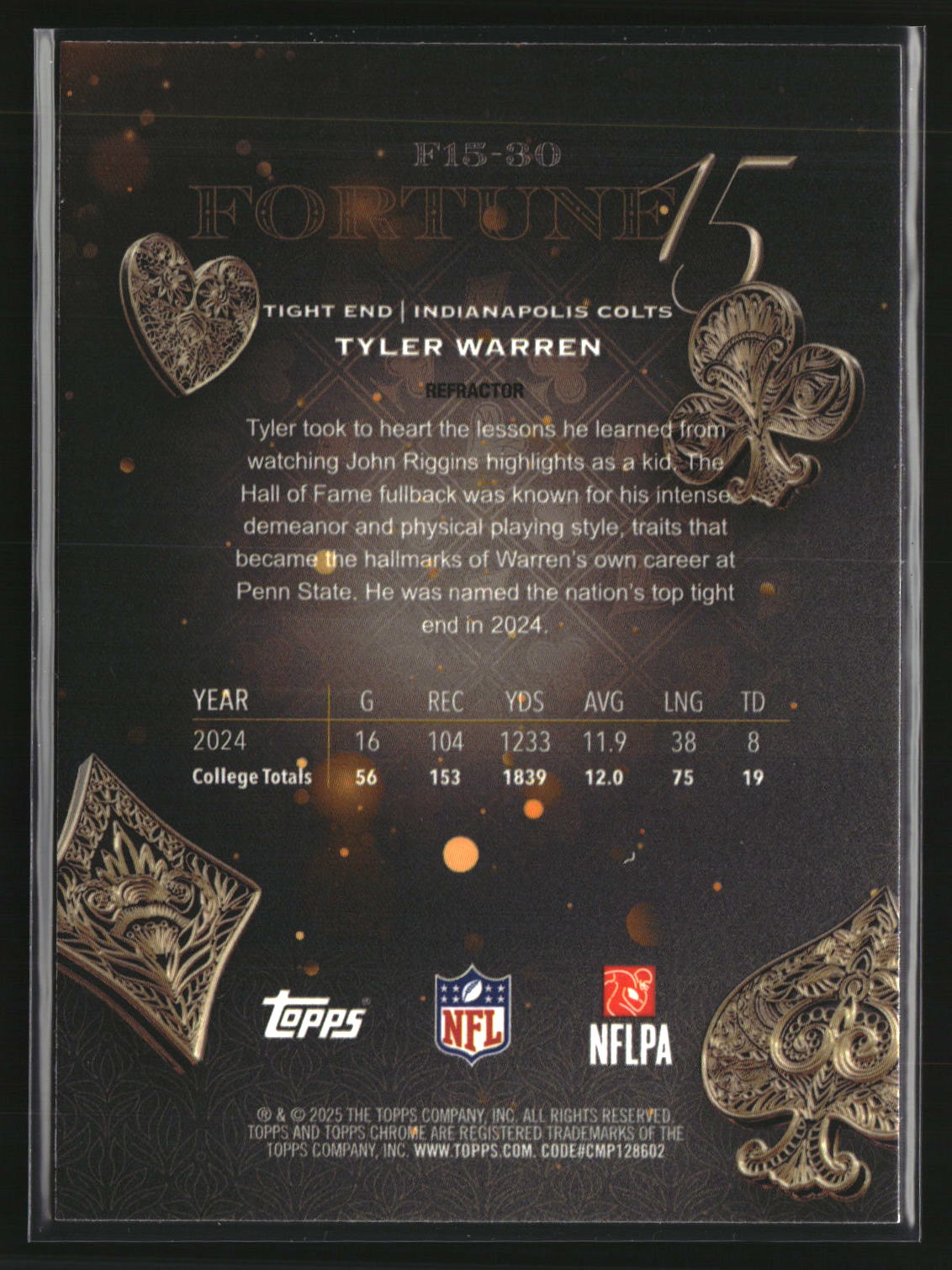Tyler Warren 2025 Topps Chrome Football Refractor #F15-30