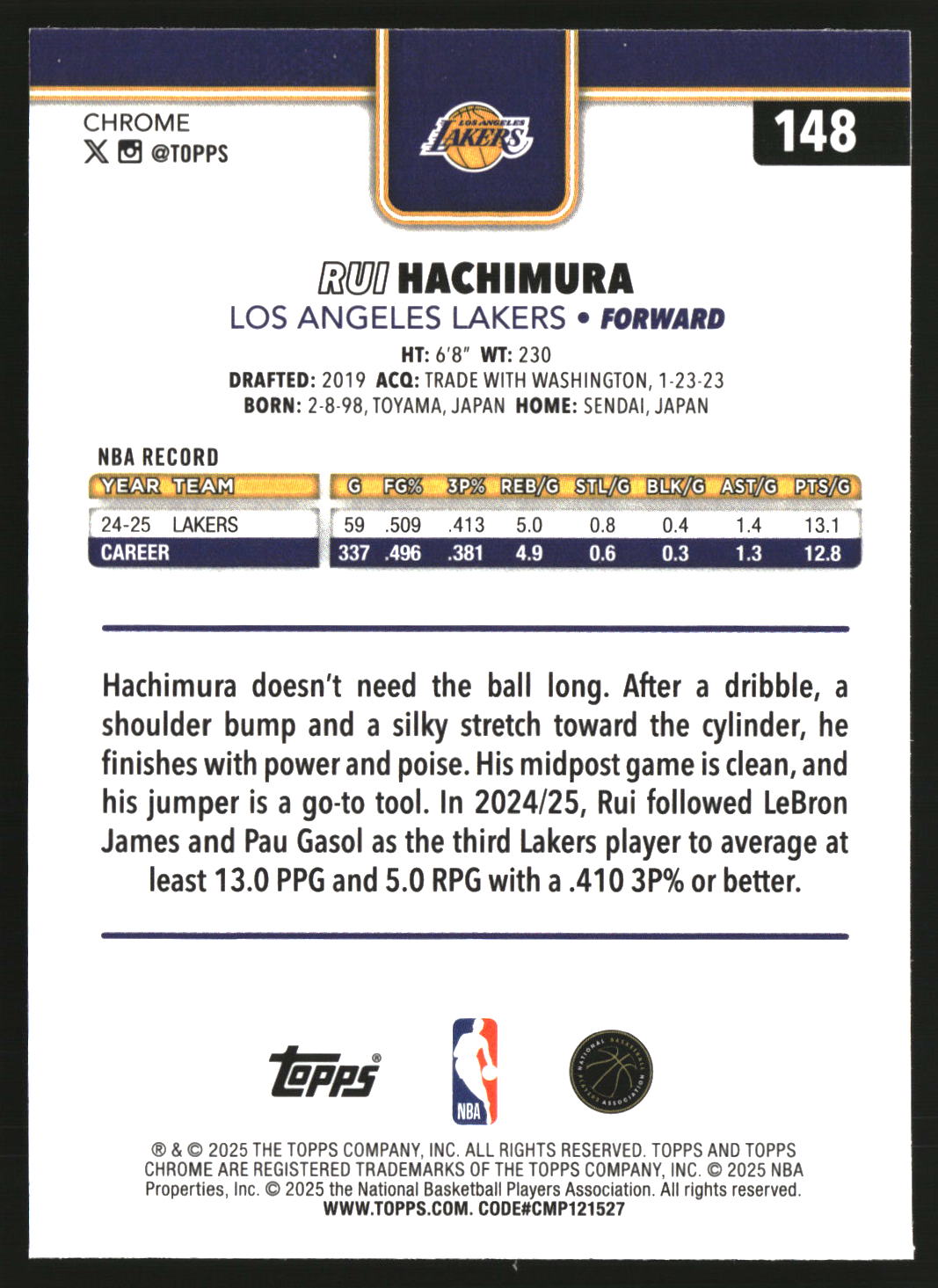 Rui Hachimura 2025-26 Topps Chrome Red White and Blue Refractor #148