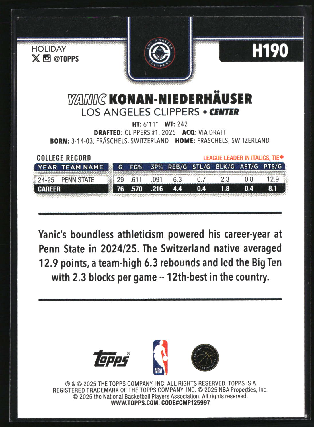 Yanic Konan Niederhauser 2025-26 Topps Holiday #H190