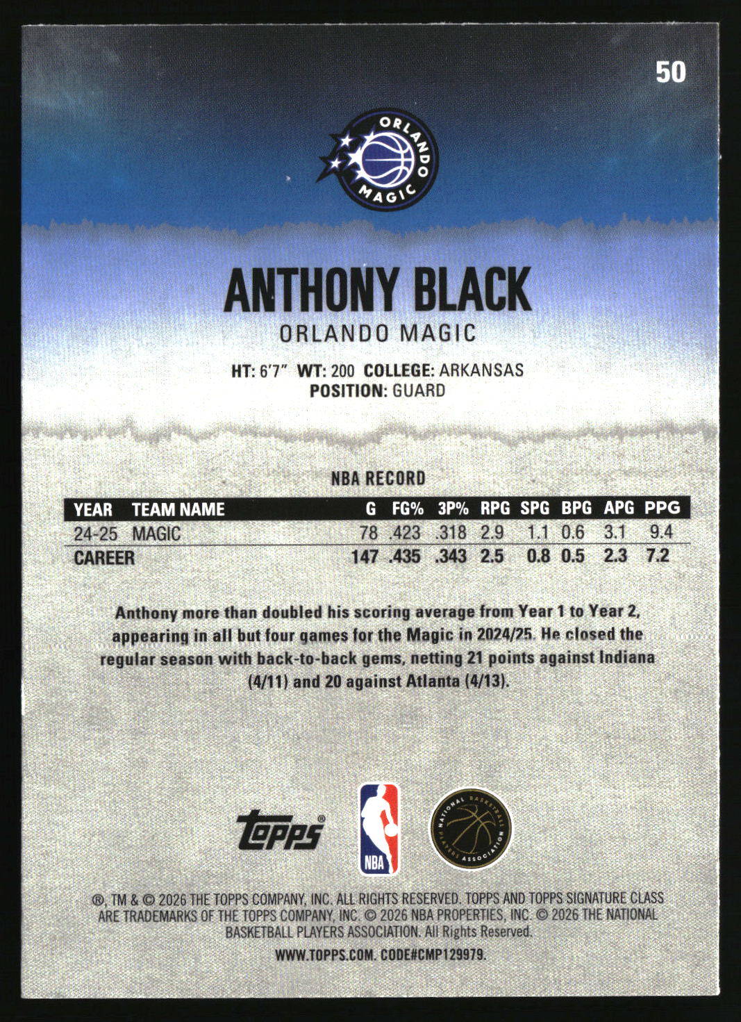 Anthony Black 2025-26 Topps Signature Class #50