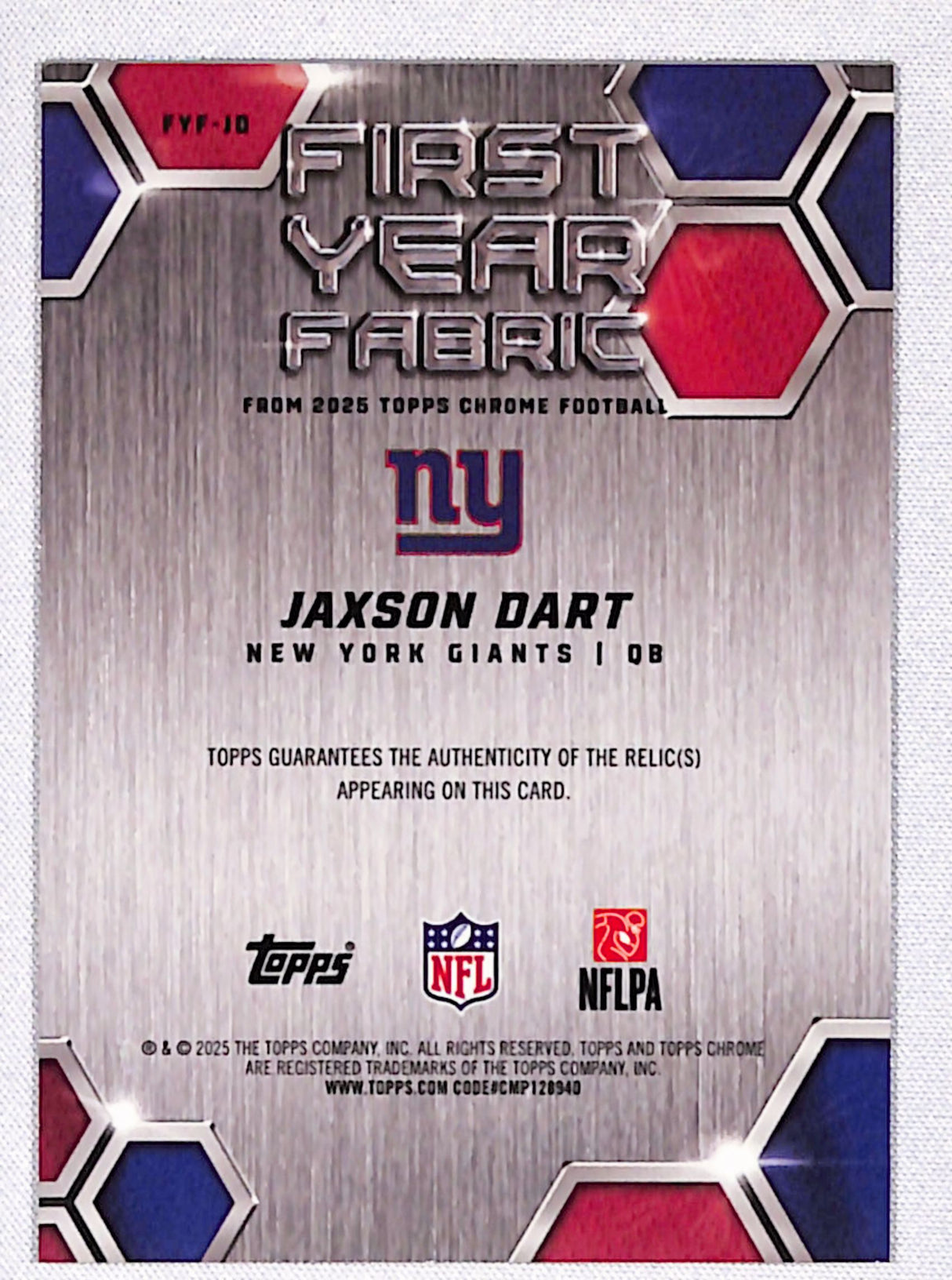 Jaxson Dart 2025 Topps Chrome First Year Fabric #FYF-JD