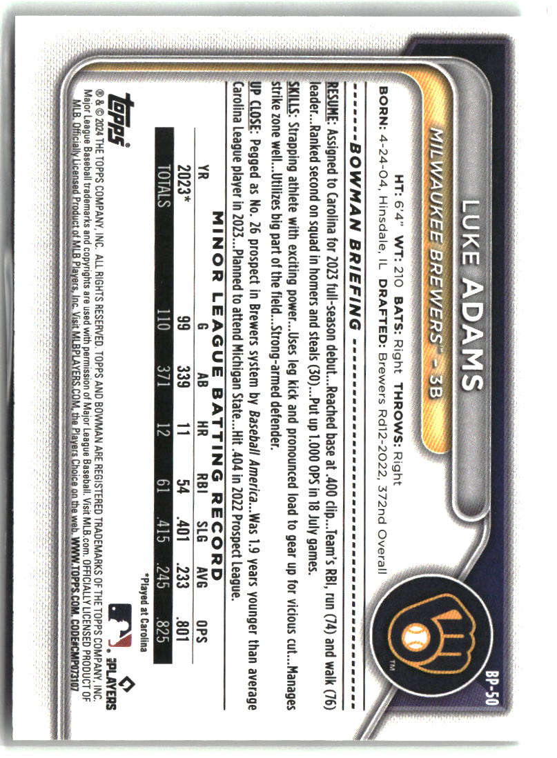 Luke Adams 2024 Bowman Prospects #BP-50