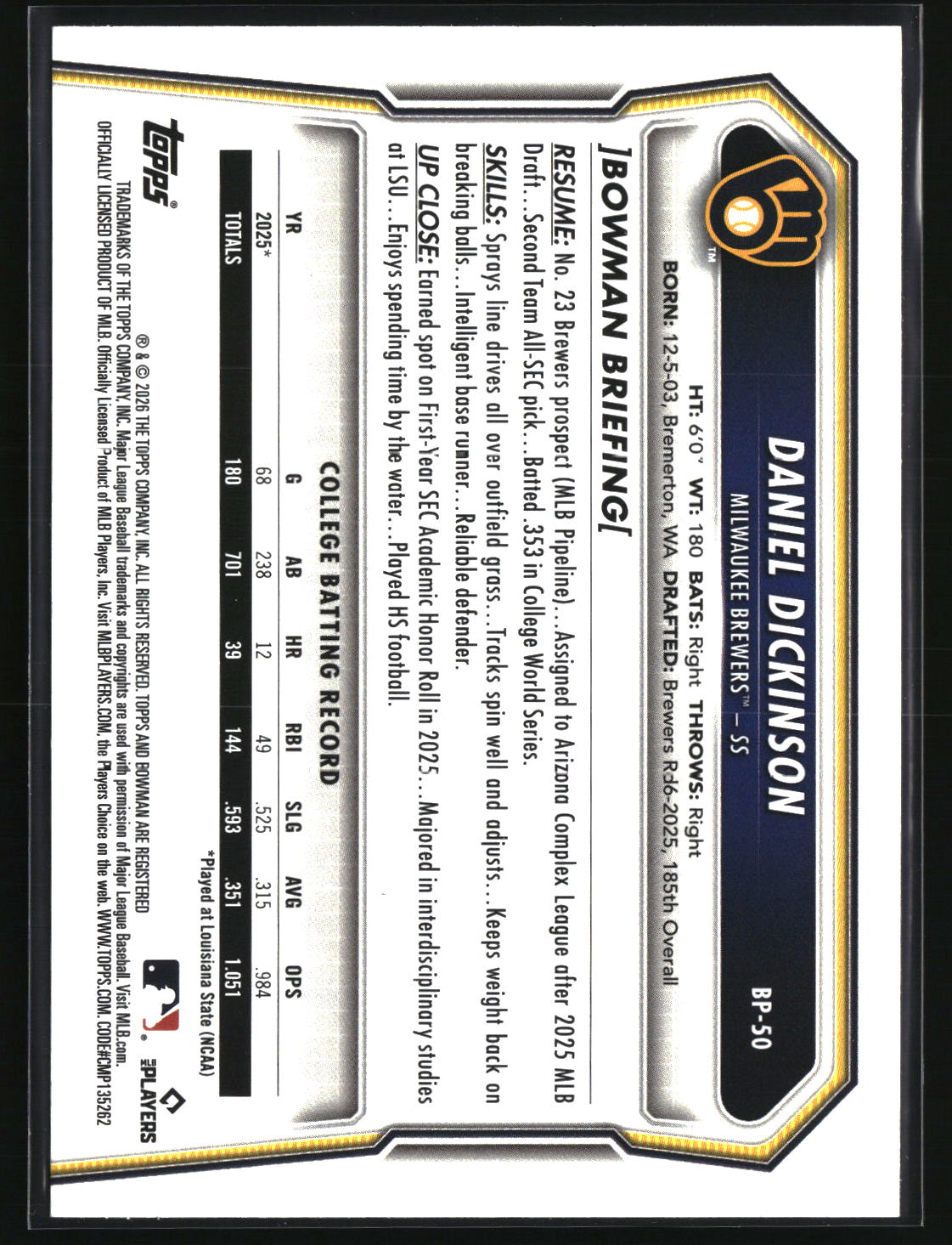 Daniel Dickinson 2026 Bowman Prospects #BP-50