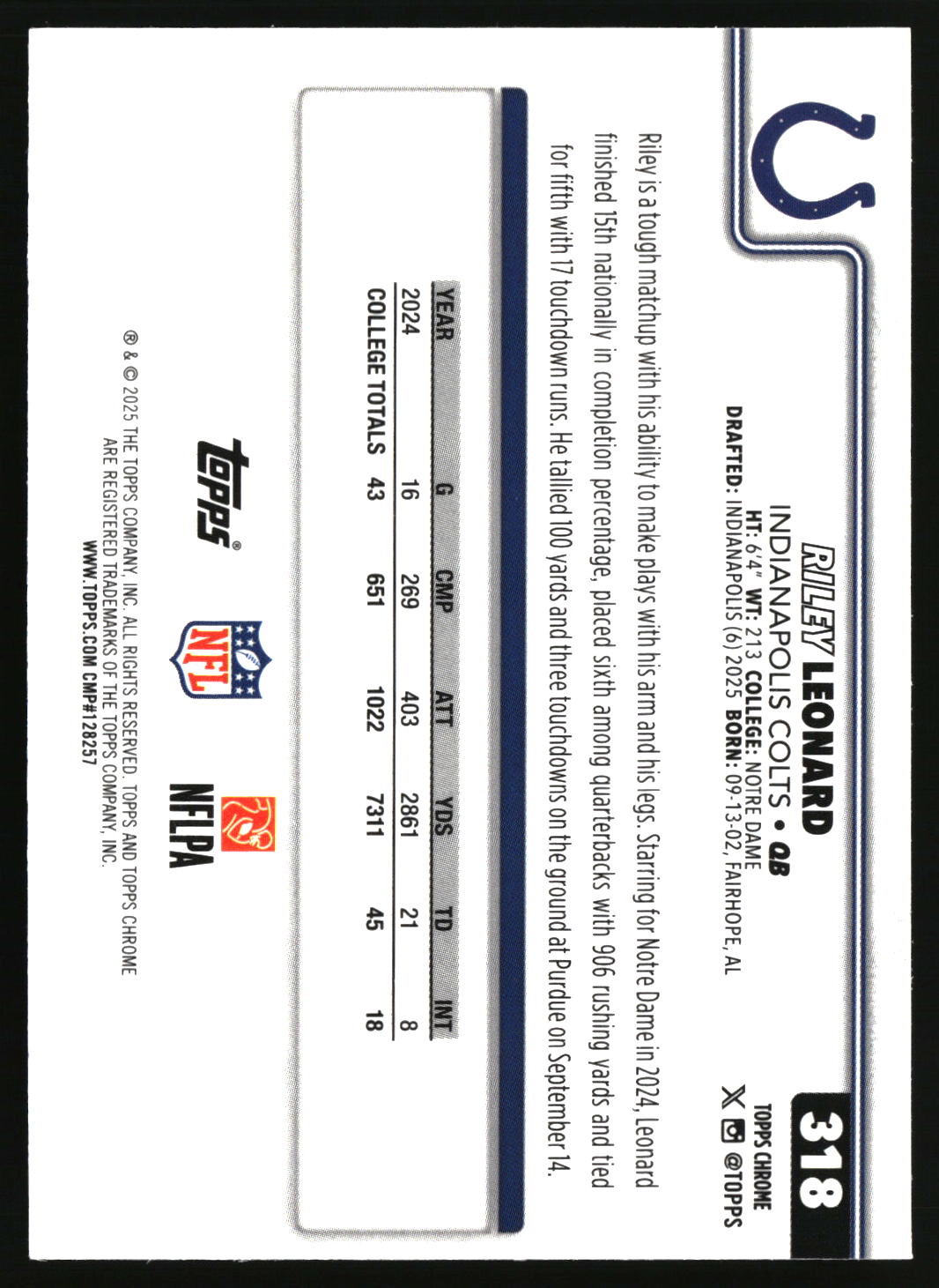 Riley Leonard 2025 Topps Chrome #318