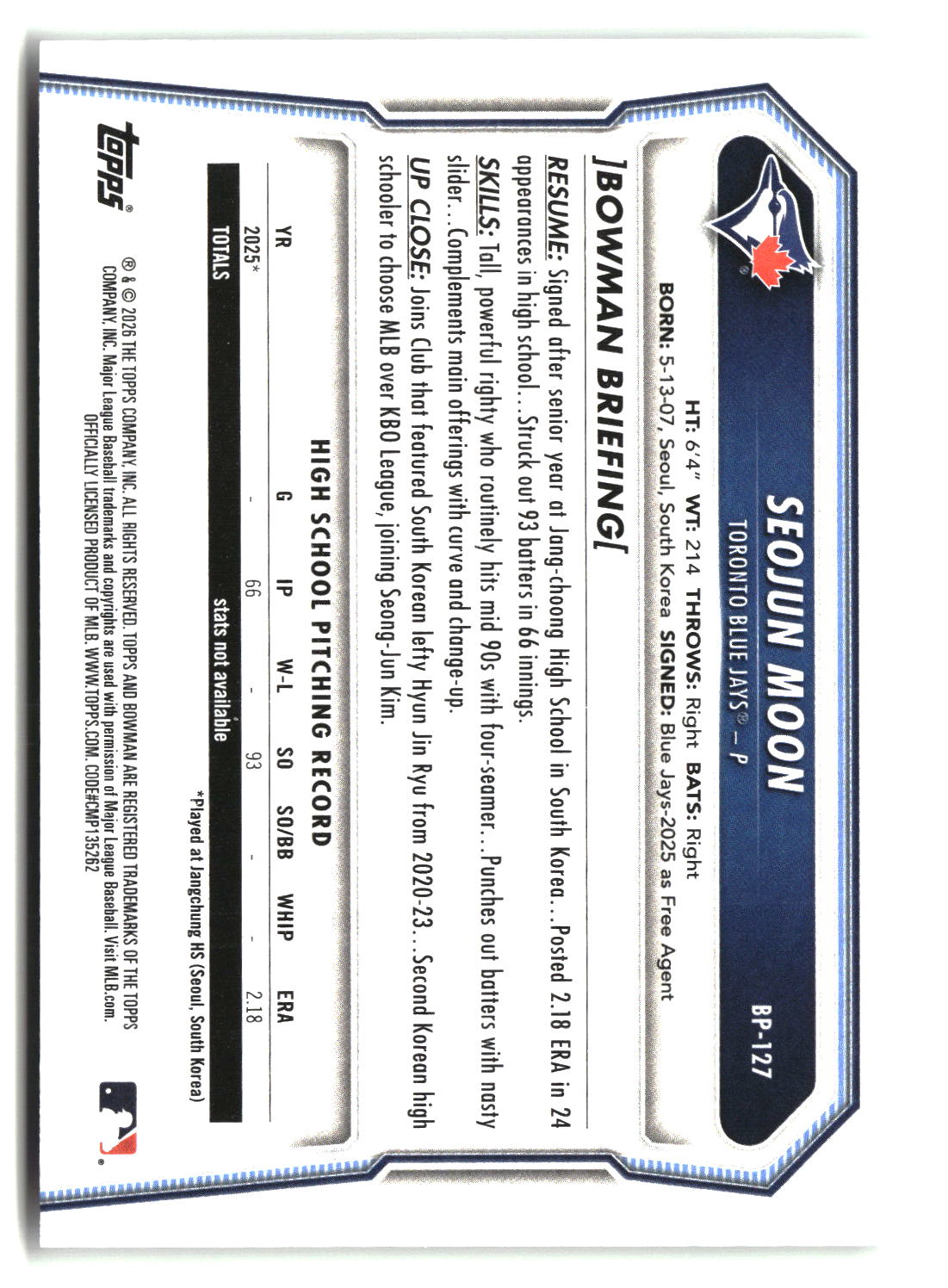 Seojun Moon 2026 Bowman Prospects #BP-127