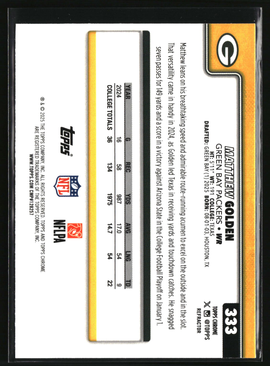 Matthew Golden 2025 Topps Chrome Topps Refractor #333