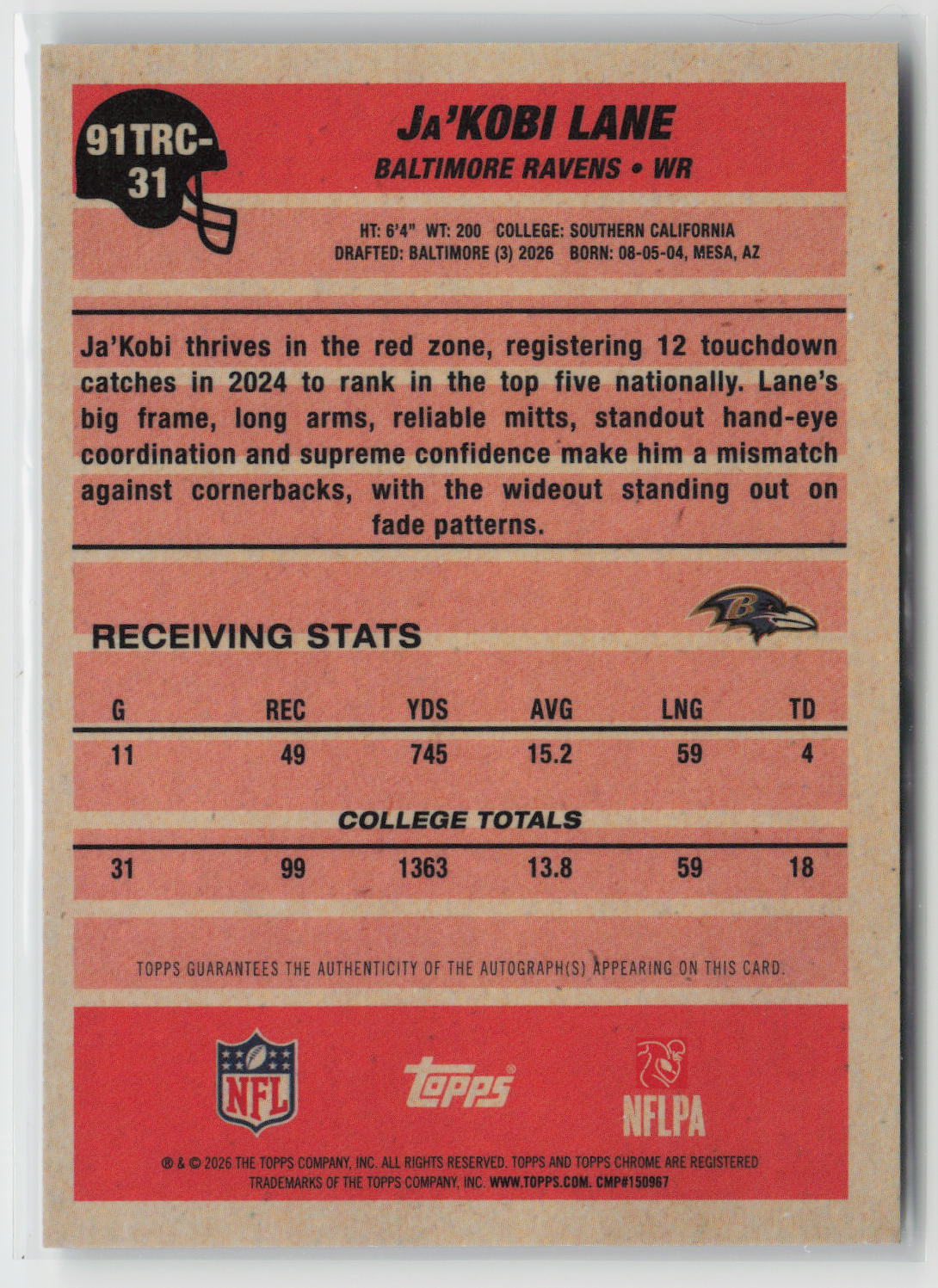 Ja'Kobi Lane 2026 Flagship 1991 Topps Football Rookies Chrome Auto 91TRC-31