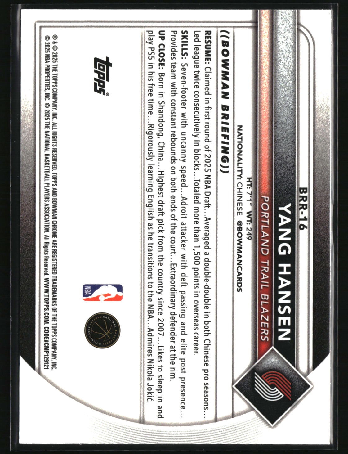 Yang Hansen 2025-26 Bowman Chrome Rookie Red RC Logo #BRR-16