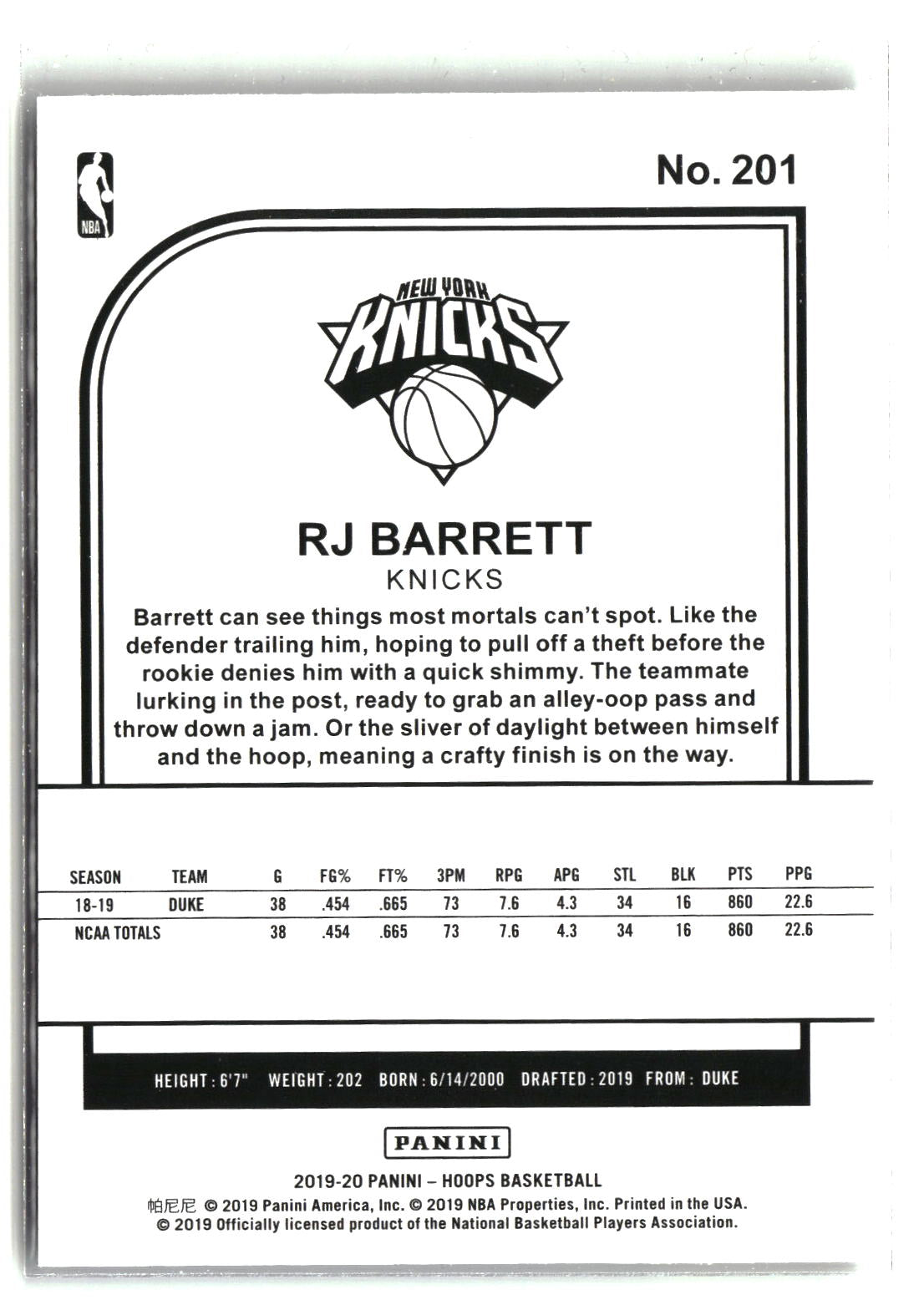 RJ Barrett 2019-20 Hoops #201