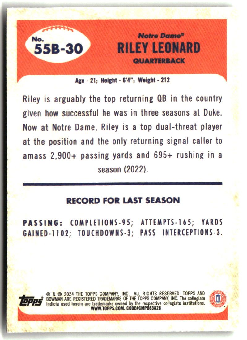 Riley Leonard 2024 Bowman University Chrome 1955 Bowman Football #55B-30