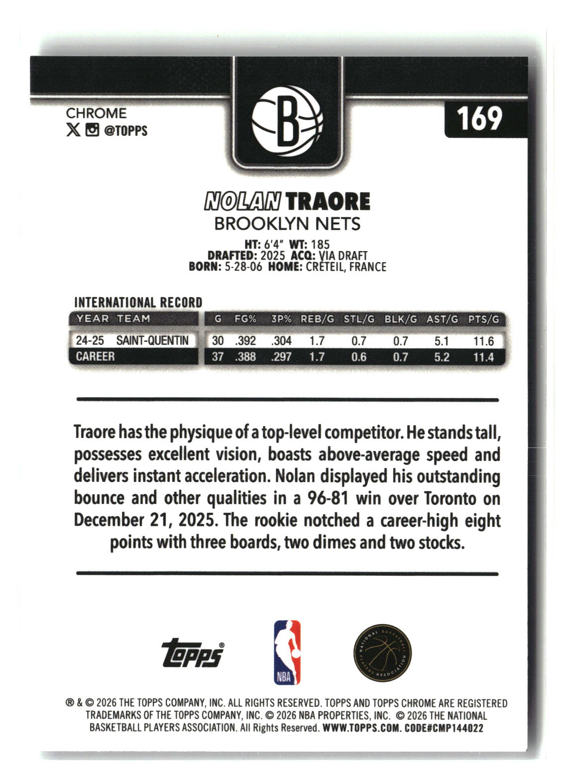 Nolan Traore 2025-26 Topps Chrome Update #169