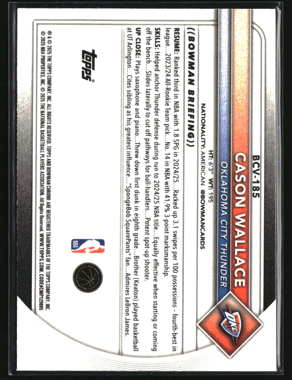 Cason Wallace 2025-26 Bowman Chrome Mini-Diamond Refractor #BCV-185