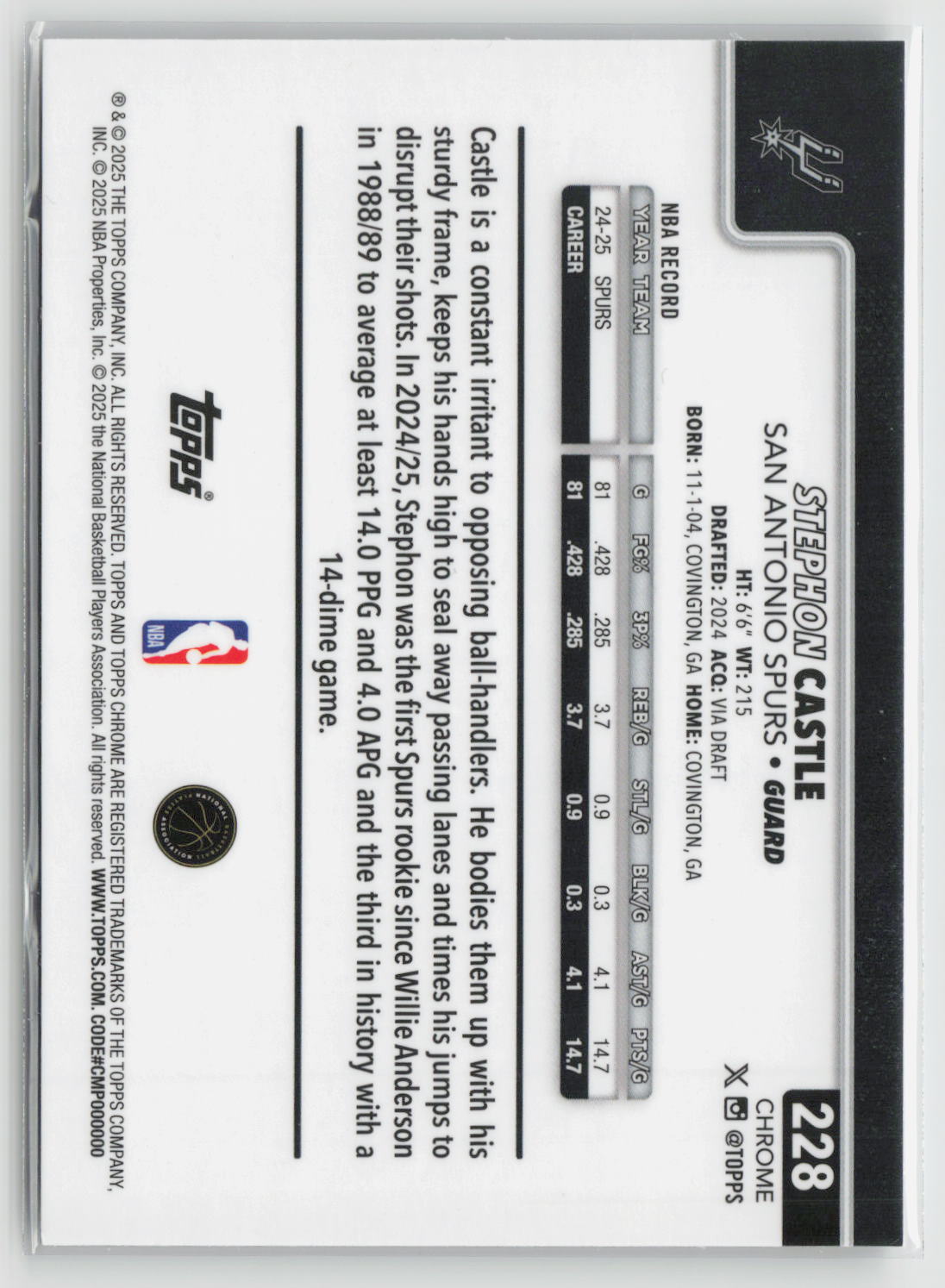 Stephon Castle 2025-26 Topps Chrome #228