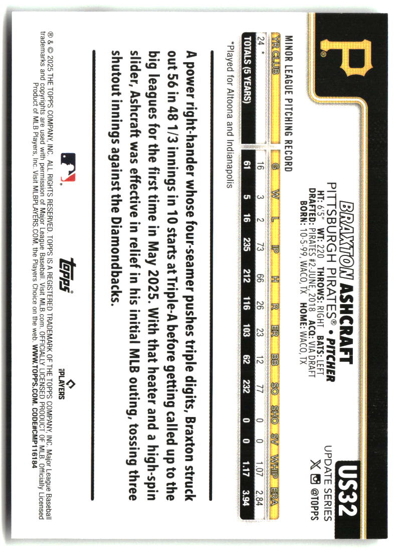 Braxton Ashcraft 2025 Topps Update #US32
