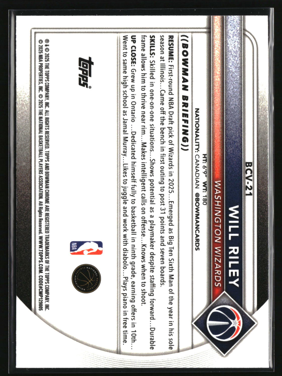 Will Riley 2025-26 Bowman Chrome Purple Refractor #BCV-21 #/250