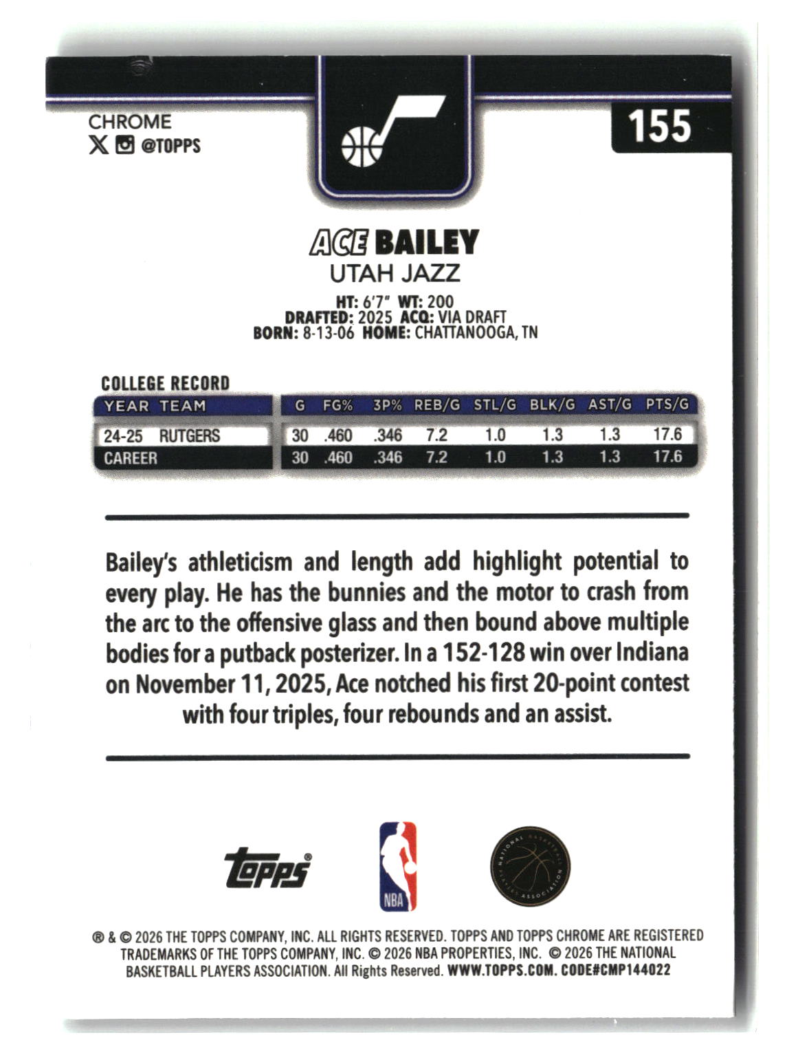 Ace Bailey 2025-26 Topps Chrome Update #155