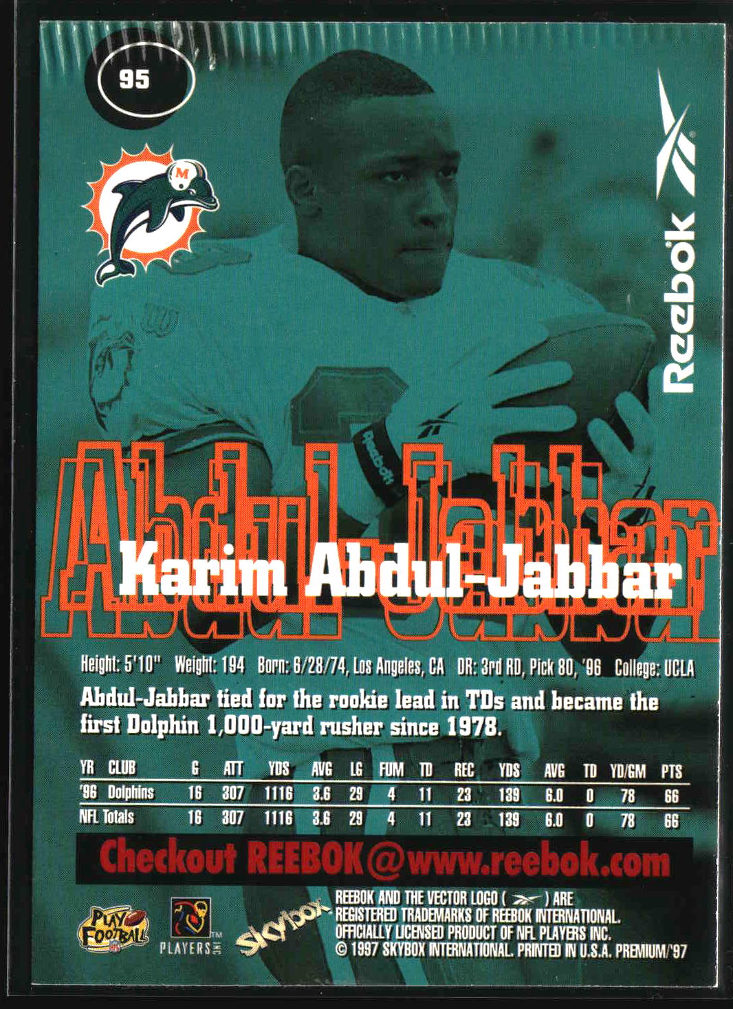 Karim Abdul-Jabbar 1997 SkyBox Premium Reebok Red #95