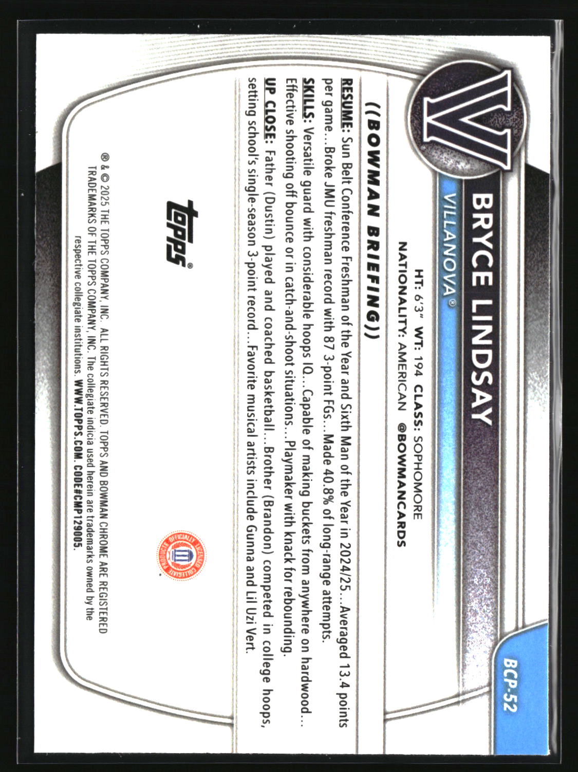 Bryce Lindsay 2025-26 Bowman Chrome Prospects Mini-Diamond Refractor #BCP-52