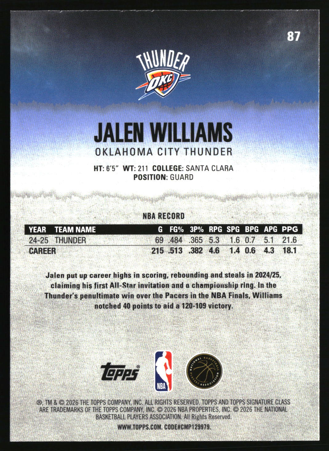 Jalen Williams 2025-26 Topps Signature Class #87