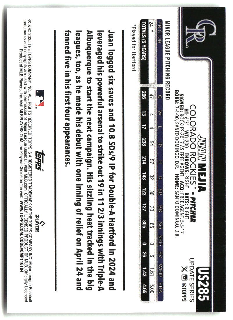 Juan Mejia 2025 Topps Update #US285