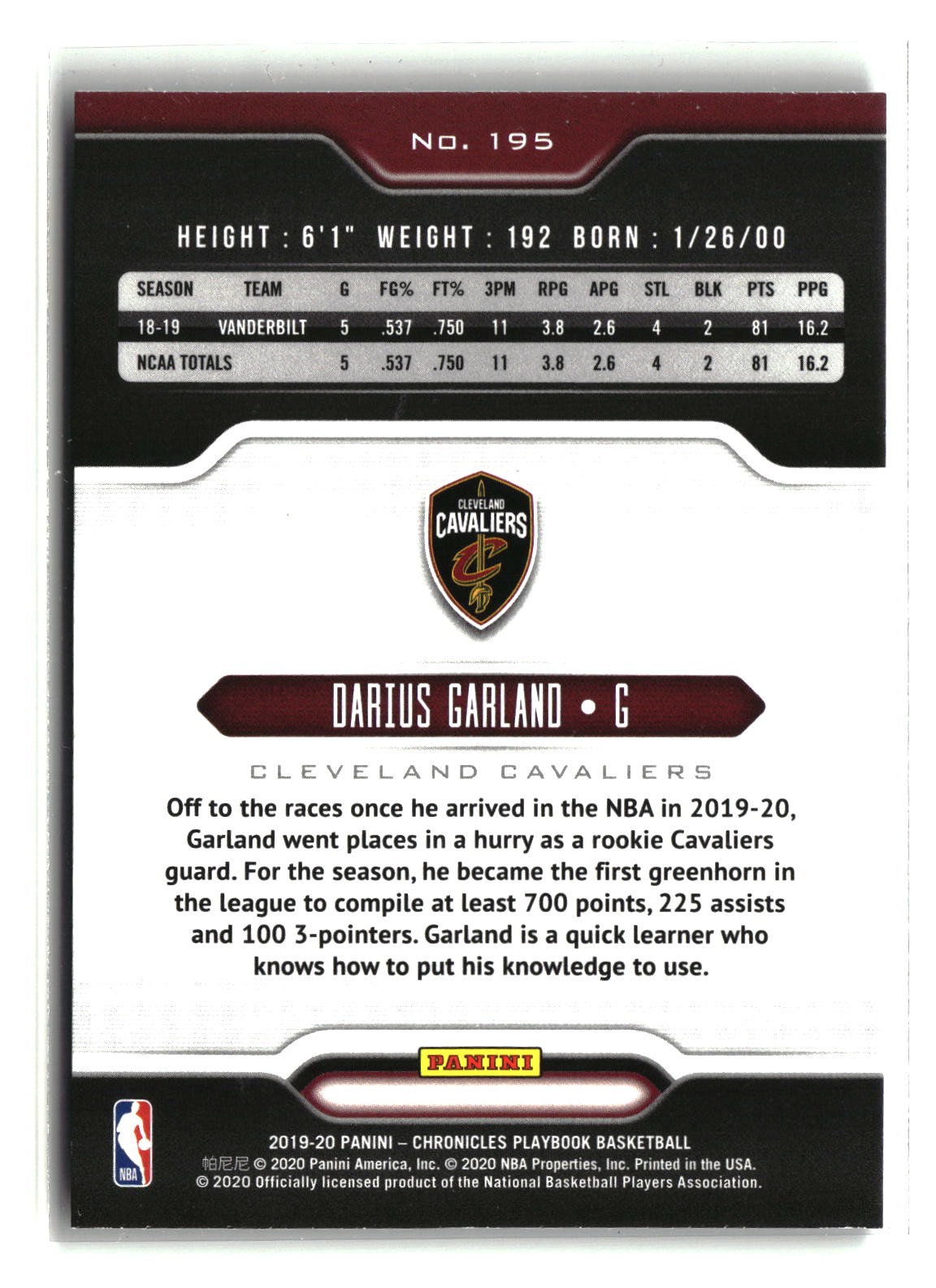 Darius Garland 2019-20 Panini Chronicles #195