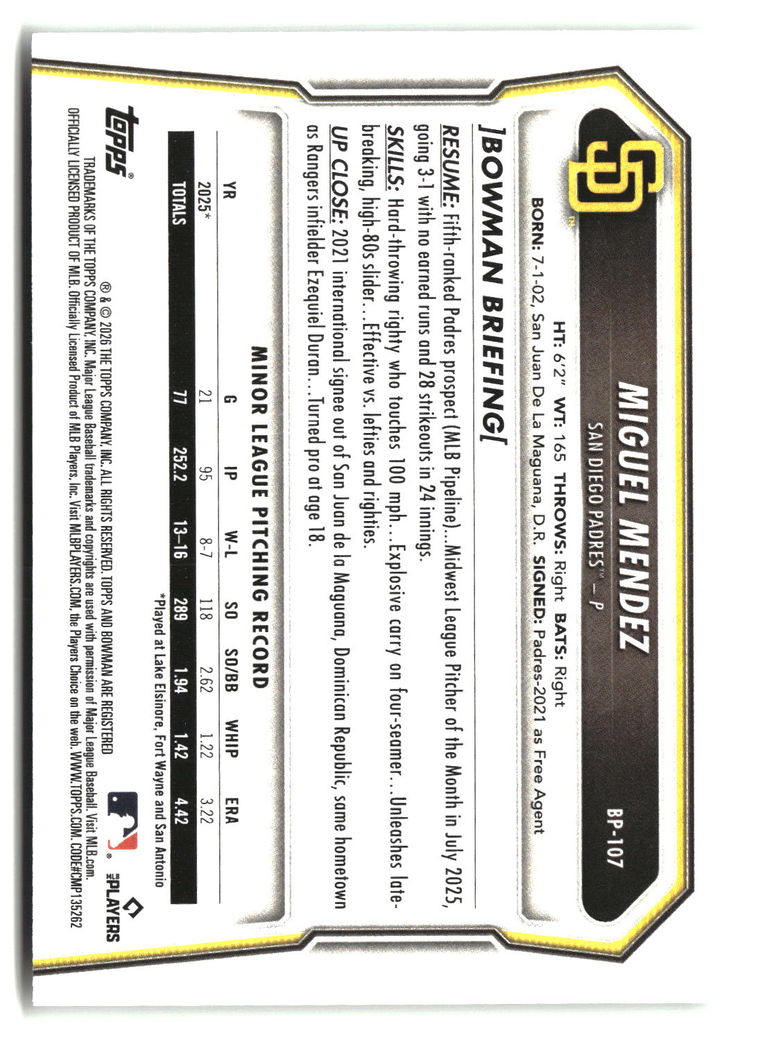 Miguel Mendez 2026 Bowman Prospects #BP-107